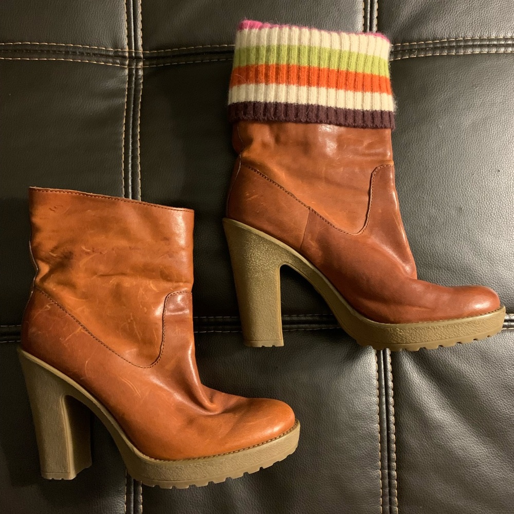Coach Laurette Sweater Brown Genuine Leather BOOTS High Chunky Heel size 8.5